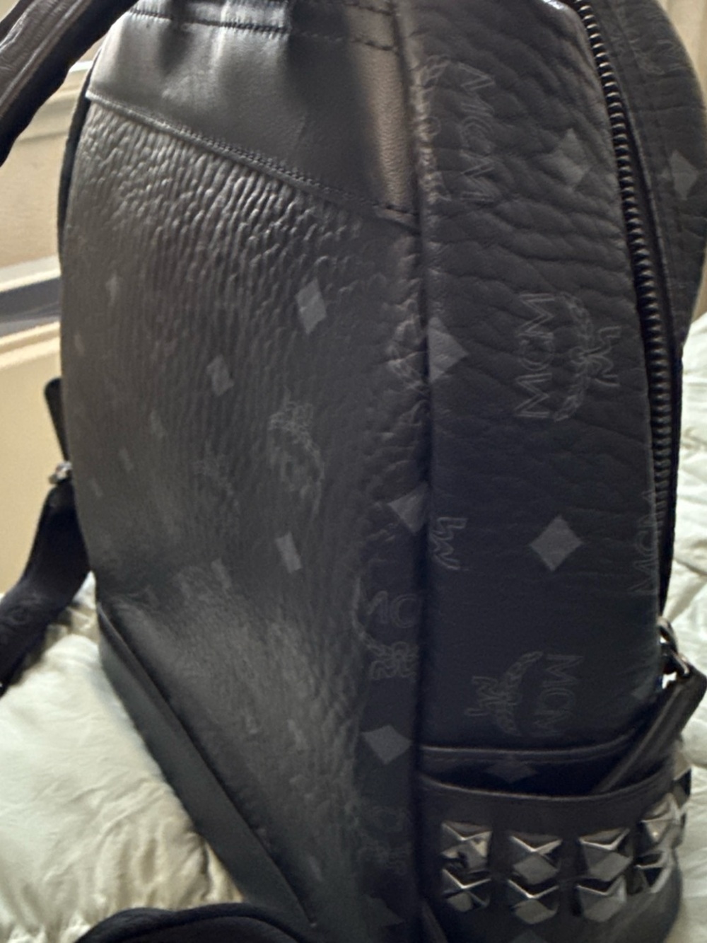 MCM Black Logo-Print Leather Backpack with Stud Accents - Picture 4 of 8